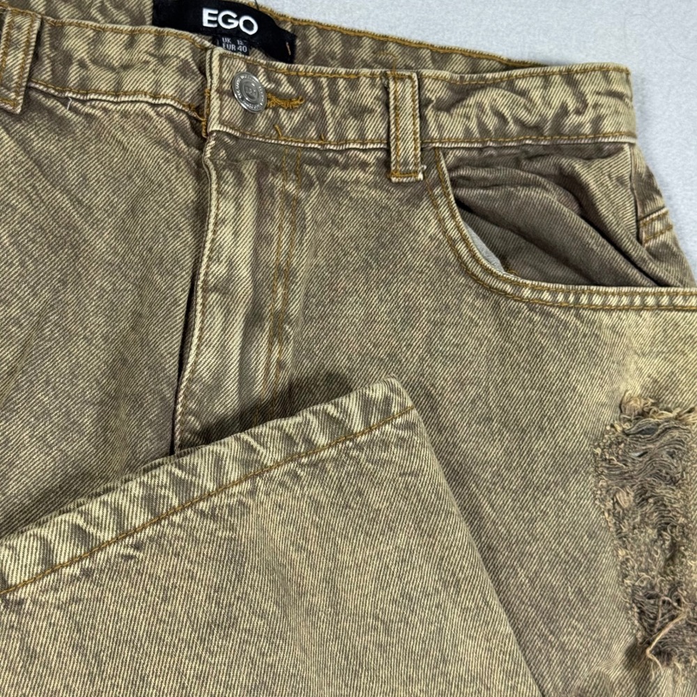 EGO Acid Wash Brown Distressed Cargo Jeans Wide Leg Ripped Denim Pants Womens 8